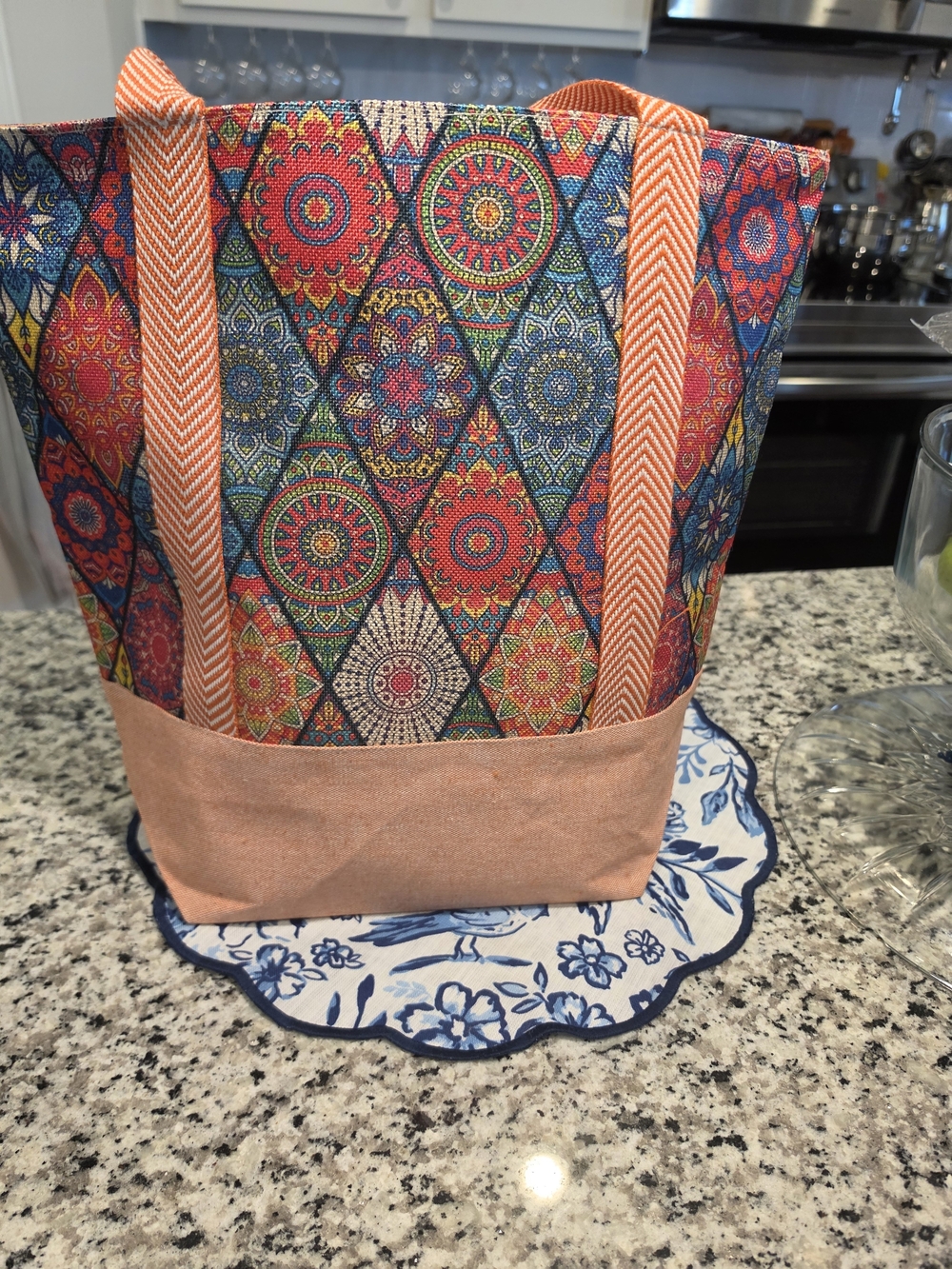 Multicolor Mosaic Jute Tote Bag with Coral Base